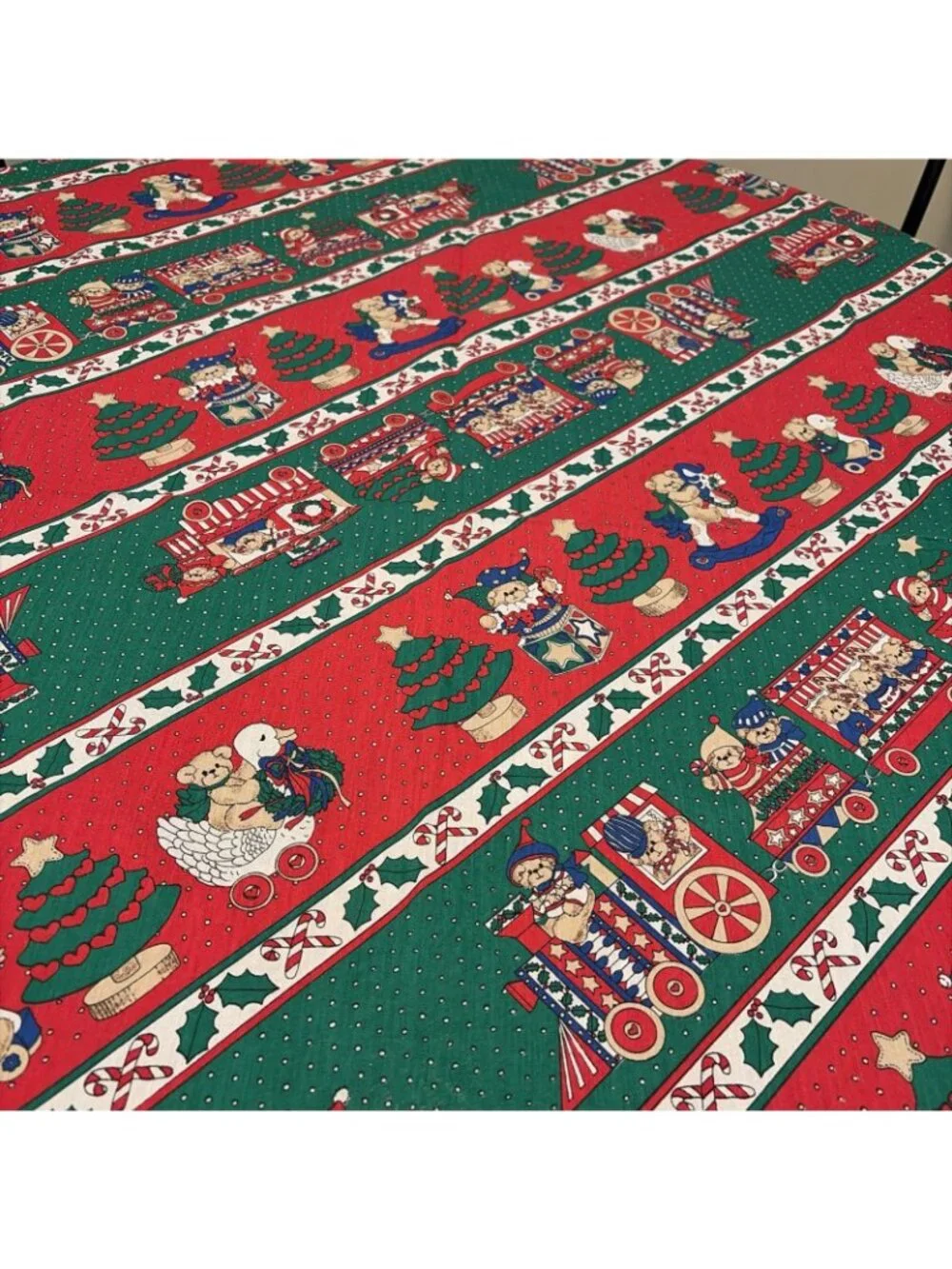 Vintage Christmas Tablecloth Holiday Dining Toys Trains Bears  Rectangle 52X70